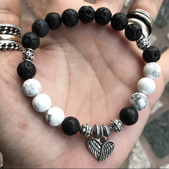 Silverskylight Jewelry - Angel wing heart black lava oil diffuser bracelet